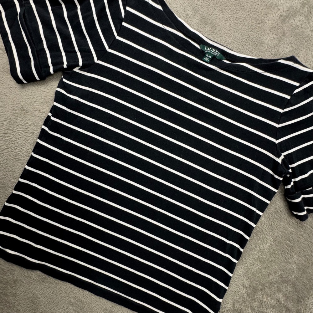 Lauren Ralph Lauren Striped Top Women XL Navy Blue Exc Short Sleeve Boatneck